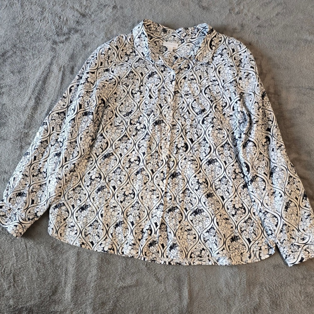 Charter Club Blouse Women's XL 100% Linen Button Down Shirt Black White Floral